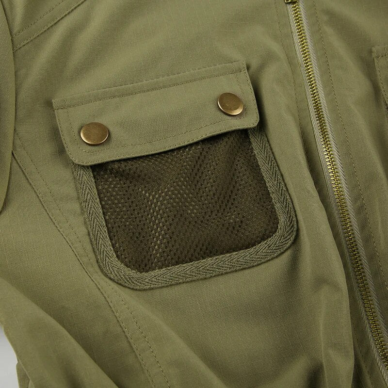 Army Green Stand Collar Zip Up Pockets Coat