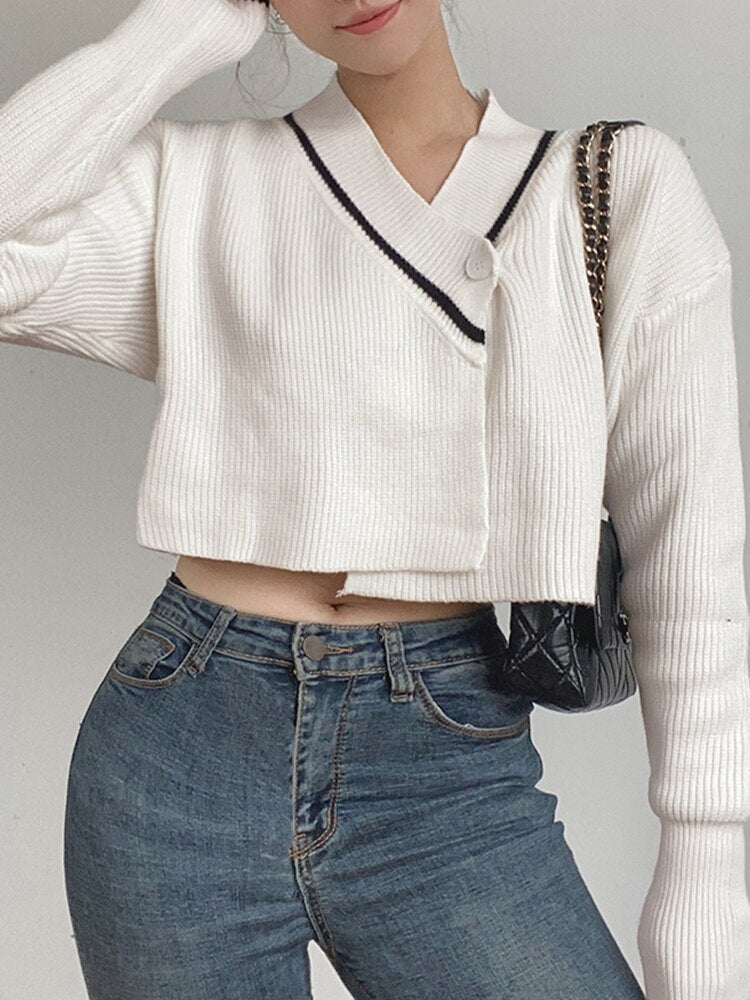 Asymmetrical Stripe Knitted Cardigan Cropped Coat