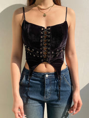 Black Velour Camisole Lace Up Gothic Tops