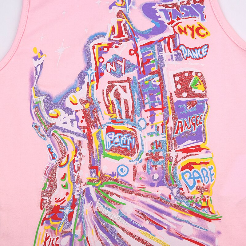 Pink Cute Graphic Printing Sleeveless Top