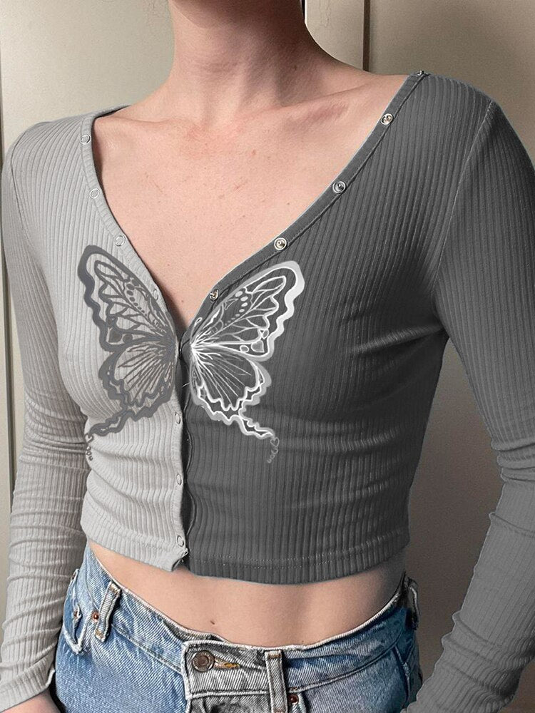 Grey V-Neck Butterfly Printing Slim Long-Sleeves