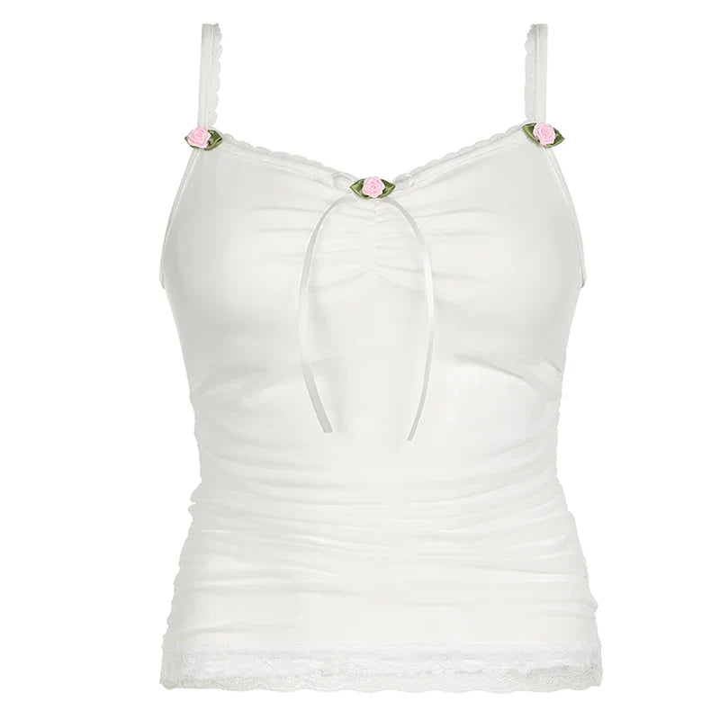 Sweet White Strap Mesh Lace Trim Top