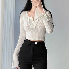 Basic Buttons Long Sleeves Crop Knit Top