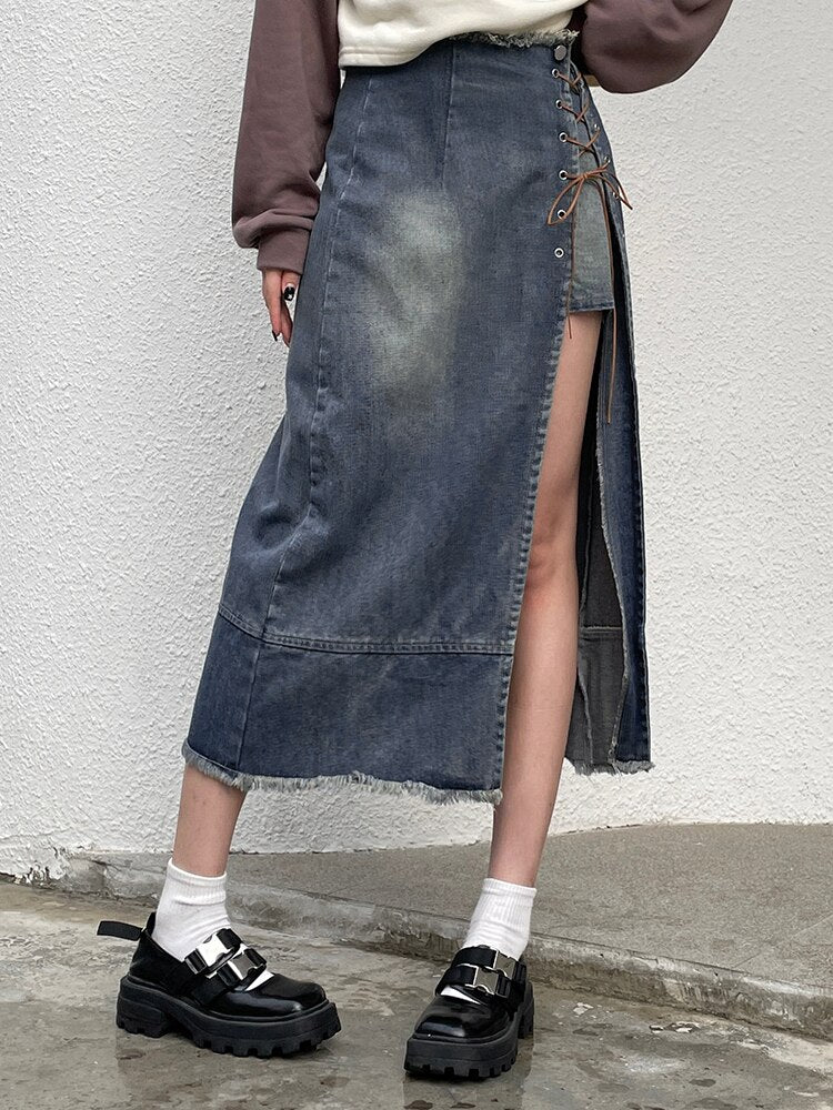 Asymmetrical Lace Side Split Denim Long Skirt