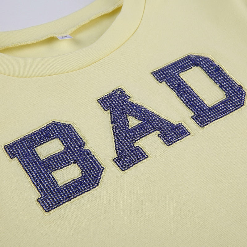 Yellow Letter Sequined Embroidery Top