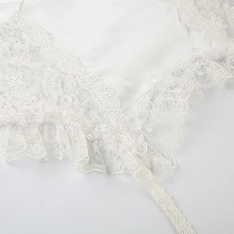 White Satin Lace Spliced Ruffles Crop Top