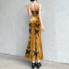 Elegant Butterfly Printing Strap Velour Long Dress