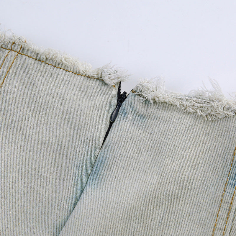 Low Waist Back Slit Maxi Denim Skirt