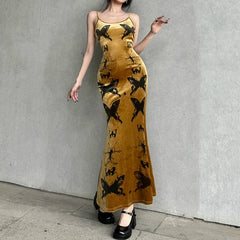 Elegant Butterfly Printing Strap Velour Long Dress