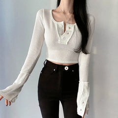 Basic Buttons Long Sleeves Crop Knit Top