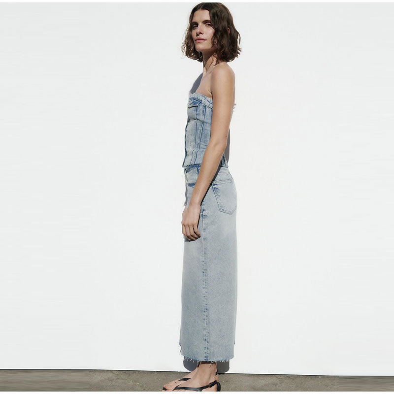 Scandinavian Style Knee Length Denim Skirt
