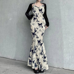 Vintage Velour Butterfly Printed Long Dress