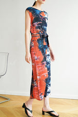 Sleeveless Side Slit Full Pleated Print Dress