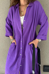 Solid Color Single-breasted Slit Shirt Dress