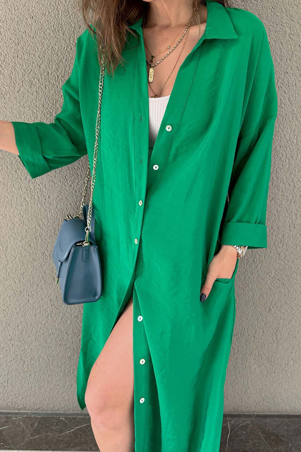 Solid Color Single-breasted Slit Shirt Dress