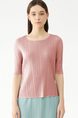 Solid Color Full Pleated Short Sleeve Top
