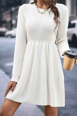 Solid Color Shirring Long Sleeve Knitted Dress