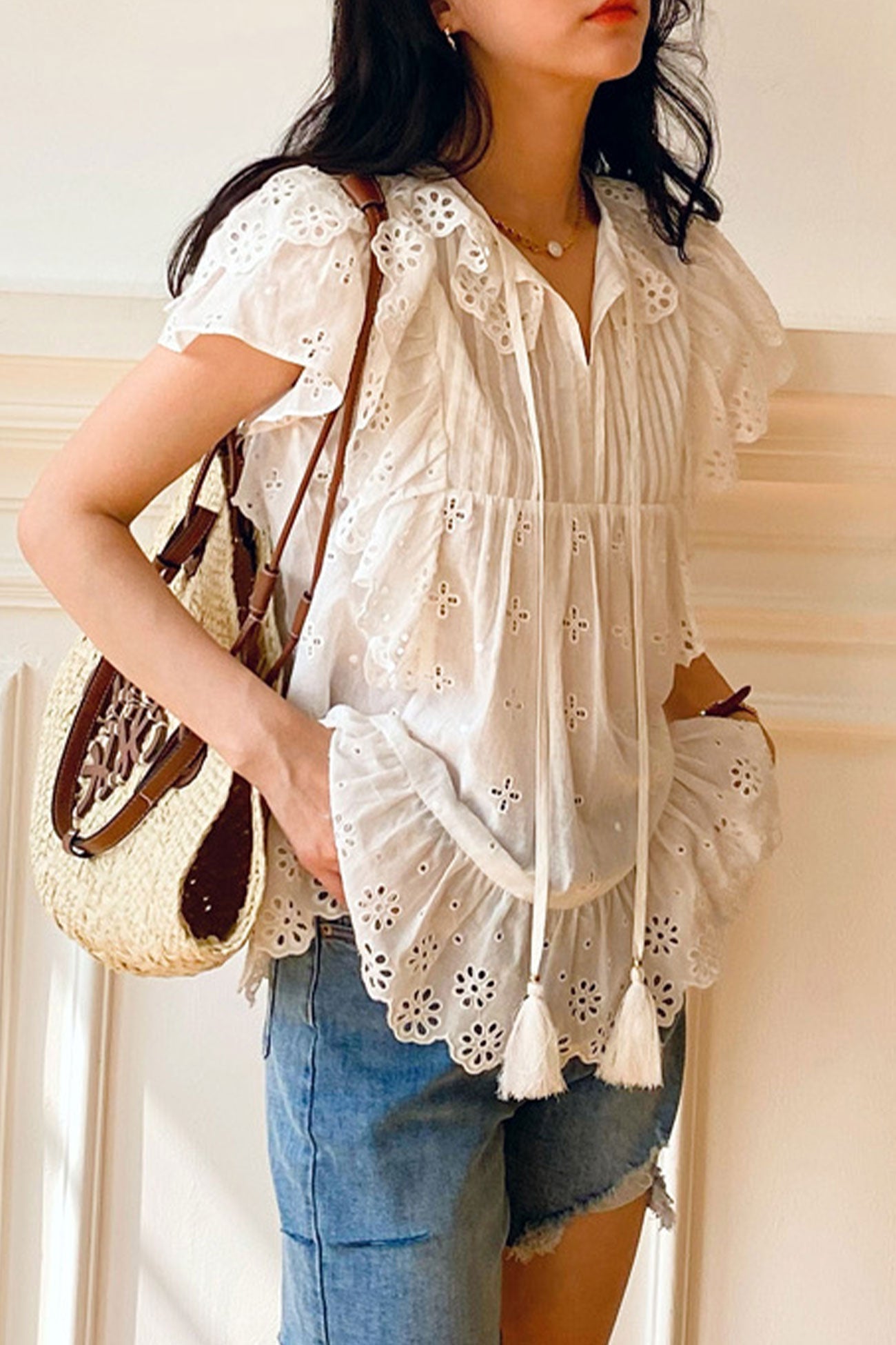 Lace Ruffels White Embroidered Lace Ruffles Sleeve Top – Godu Shop