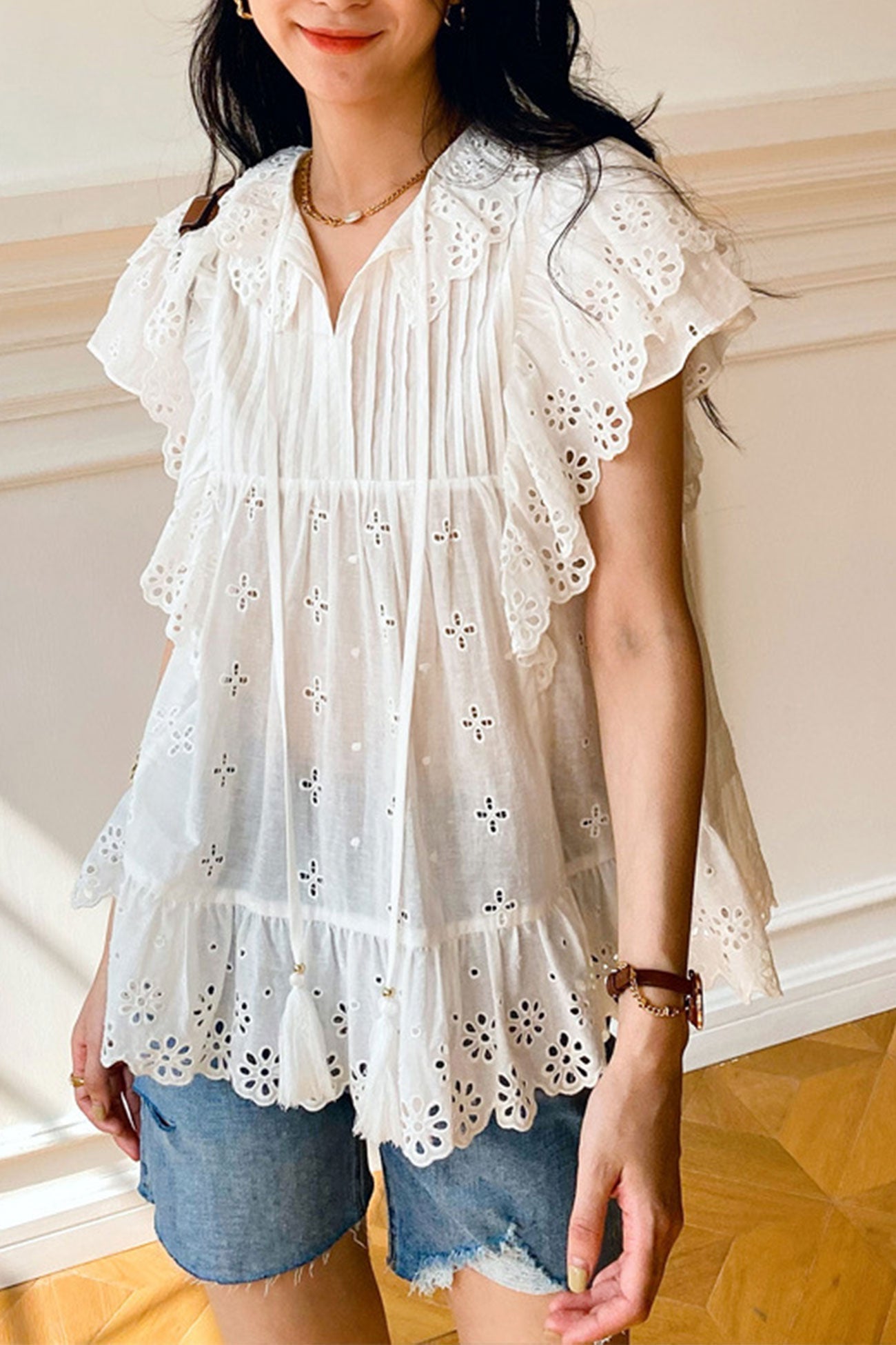 Lace Ruffels White Embroidered Lace Ruffles Sleeve Top – Godu Shop