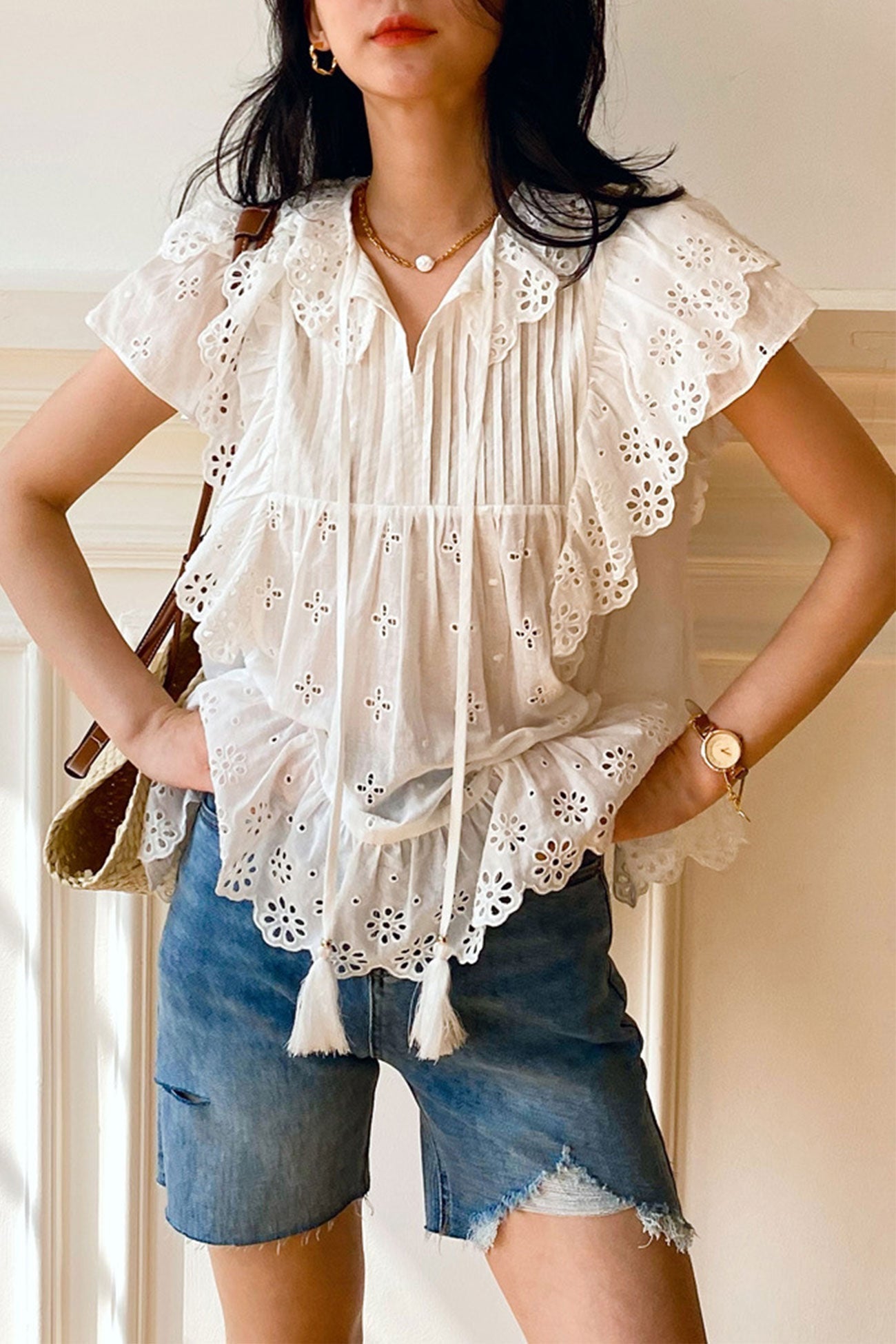 Lace Ruffels White Embroidered Lace Ruffles Sleeve Top – Godu Shop