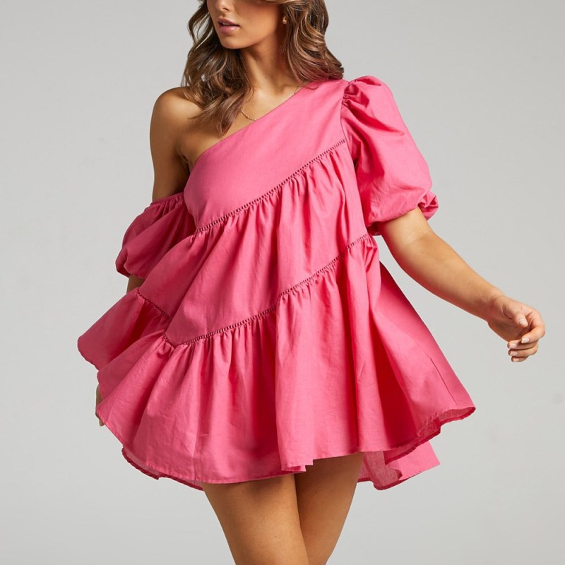 casual loose off-shoulder puff sleeve patchwork short-sleeved dress irregular skirt