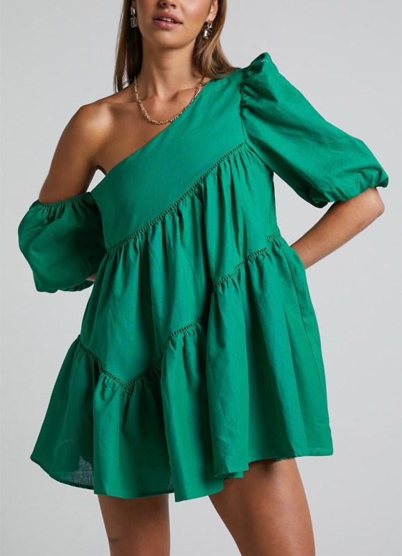 casual loose off-shoulder puff sleeve patchwork short-sleeved dress irregular skirt