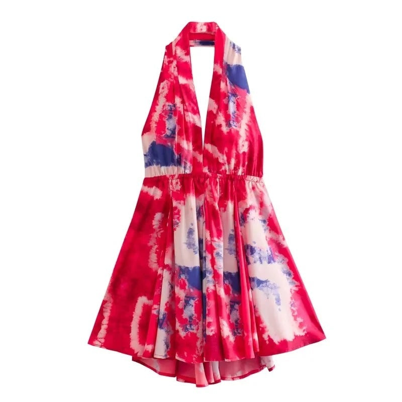 New fashionable V-neck suspender sexy printed halter neck short dress