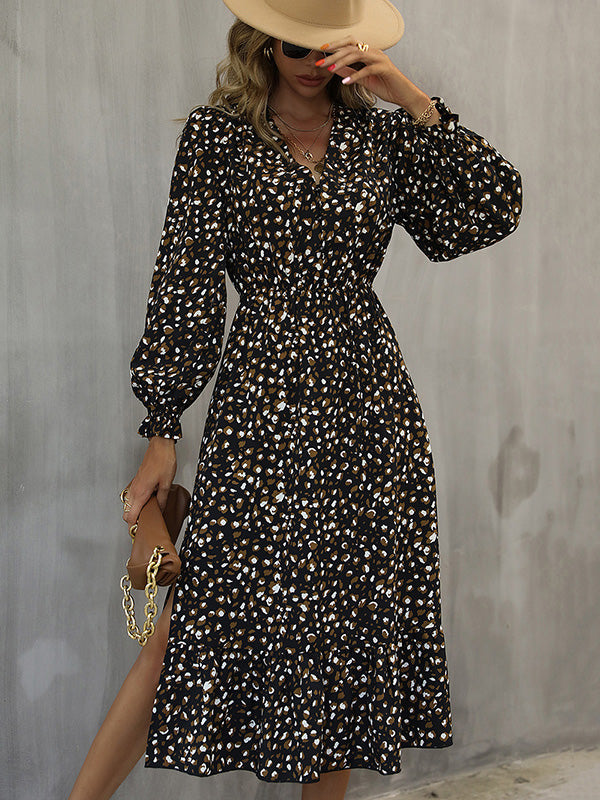 Vacation Puff Sleeves Floral Printed V-Neck Dress