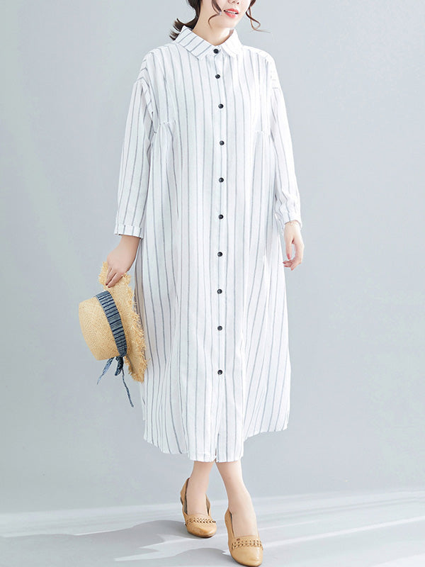 Simple Striped Buttoned Lapel Long Sleeves Shirt Dress