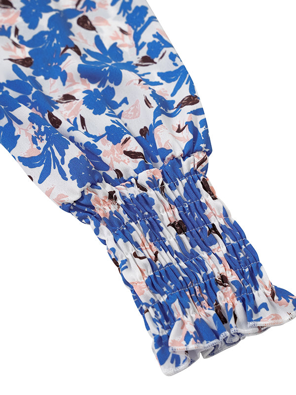 Bohemia Loose Puff Sleeves Floral Printed V-Neck Dress