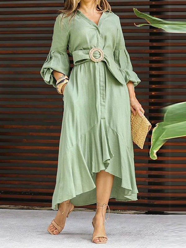 Pleated Solid Color High-Low Puff Sleeves Lapel Collar Maxi Dresses