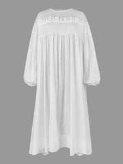 Mesh Pleated See-Through Solid Color Split-Joint A-Line Long Sleeves Round-Neck Midi Dresses