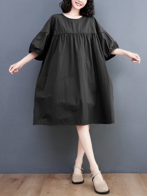 Solid Color Loose Short Sleeves Round-neck Midi Dresses