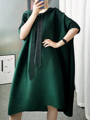 Lace-Up Pleated Batwing Sleeves Loose Hooded Midi Dresses