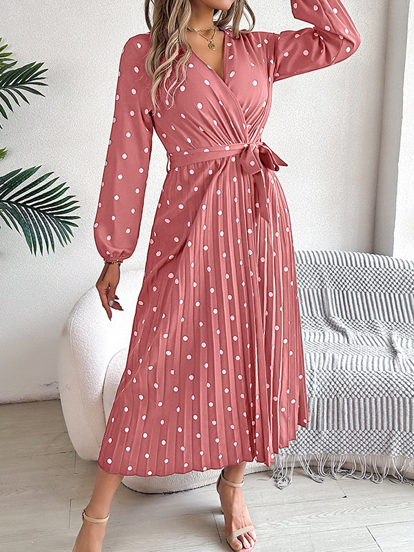 Elasticity Pleated Polka-Dot Split-Joint Tied Waist A-Line High Waisted V-Neck Shirt Dress Midi Dresses