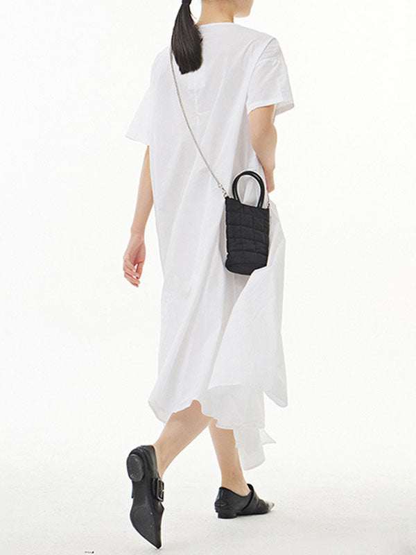 Solid Color Streamer Loose Short Sleeves Round-neck Midi Dresses