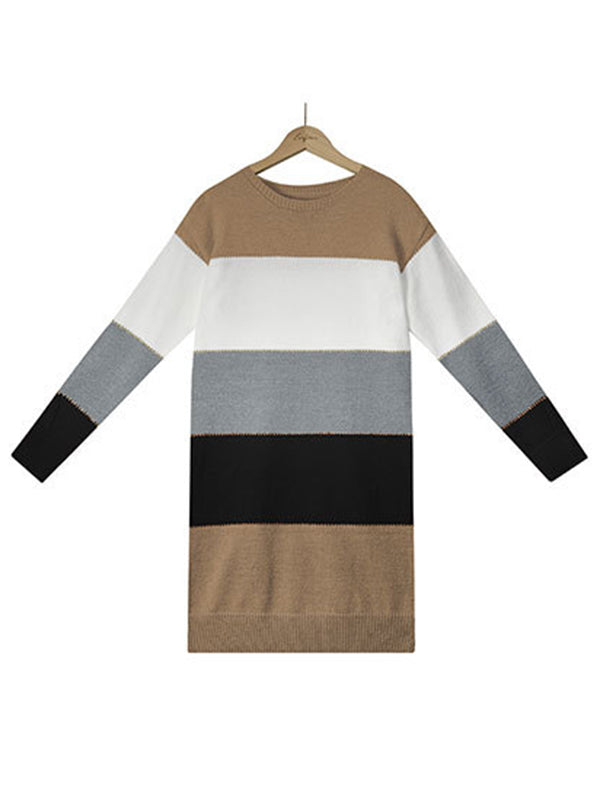 Casual Long Sleeves Contrast Color Round-Neck Sweater Dresses
