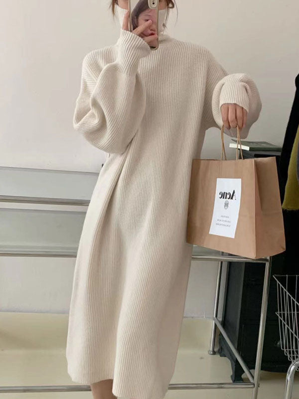 Solid Color Long Sleeves Loose High Neck Sweater Dresses Midi Dresses