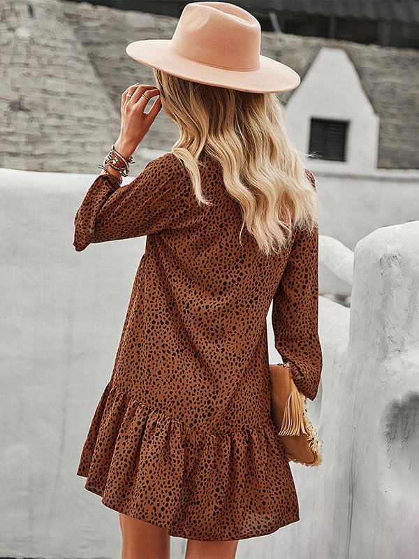 V-Neck Polka Dot Long Flare Sleeves Mini Dress