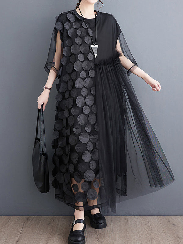 Asymmetric Gauze Split-Joint Loose Short Sleeves Round-Neck Midi Dresses