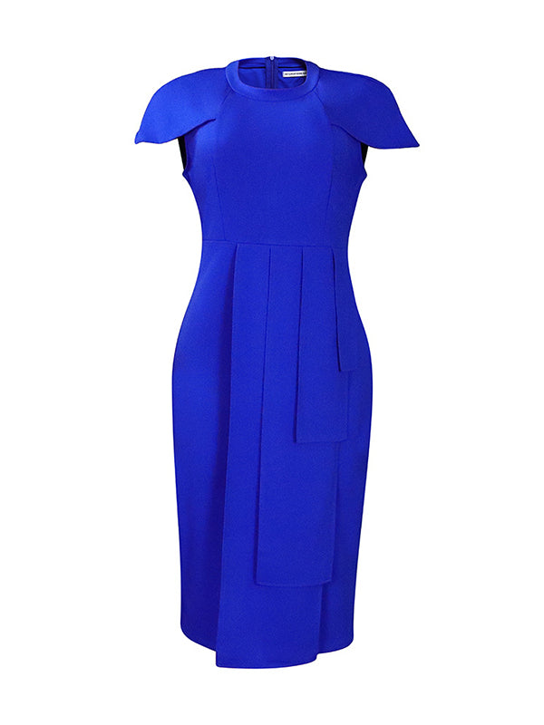 Pleated Solid Color Split-back Split-front Split-Joint Short Sleeves Skinny Round-neck Midi Dresses