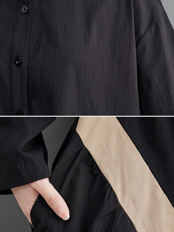 Artistic Retro Loose Long Sleeves Buttoned Contrast Color Striped Split-Joint Lapel Collar Midi Dresses