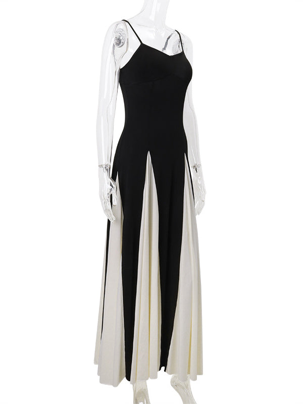 Backless Contrast Color Pleated Split-Joint High Waisted Sleeveless Spaghetti-Neck Maxi Dresses