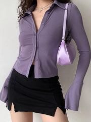 Bell Sleeve Plain Ribbed-Knit Slim-Fit Crop Shirt