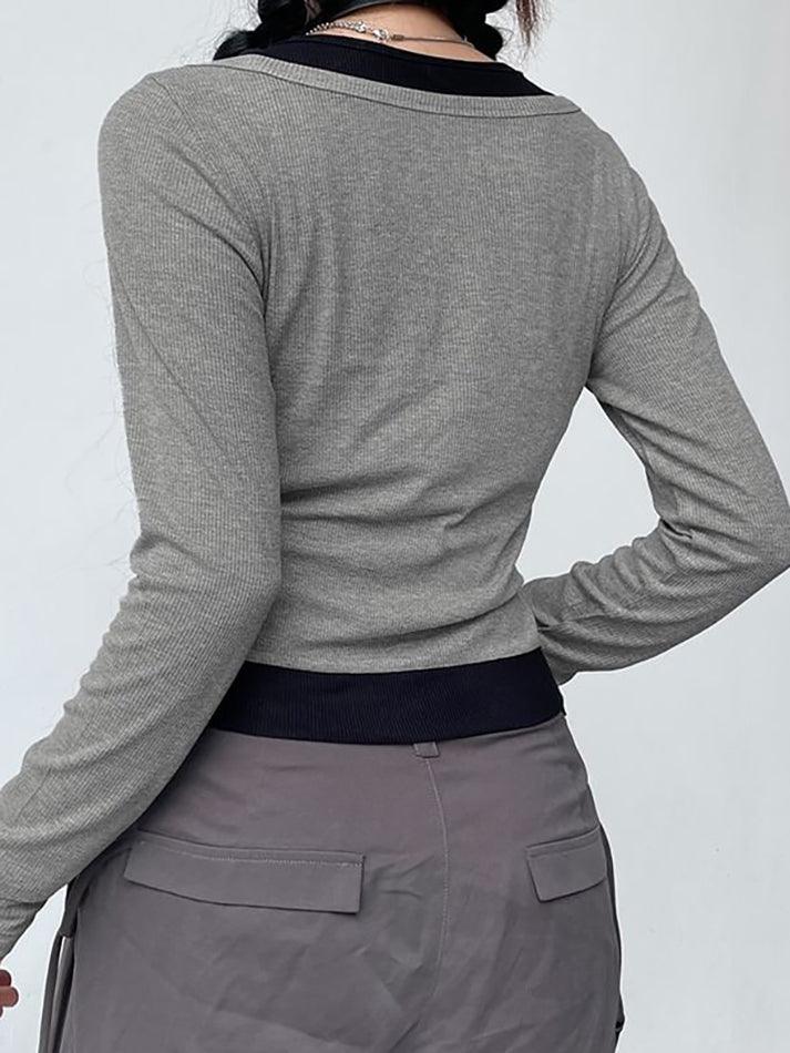 Long Sleeve Mock Two Piece Color-Block Crop Top