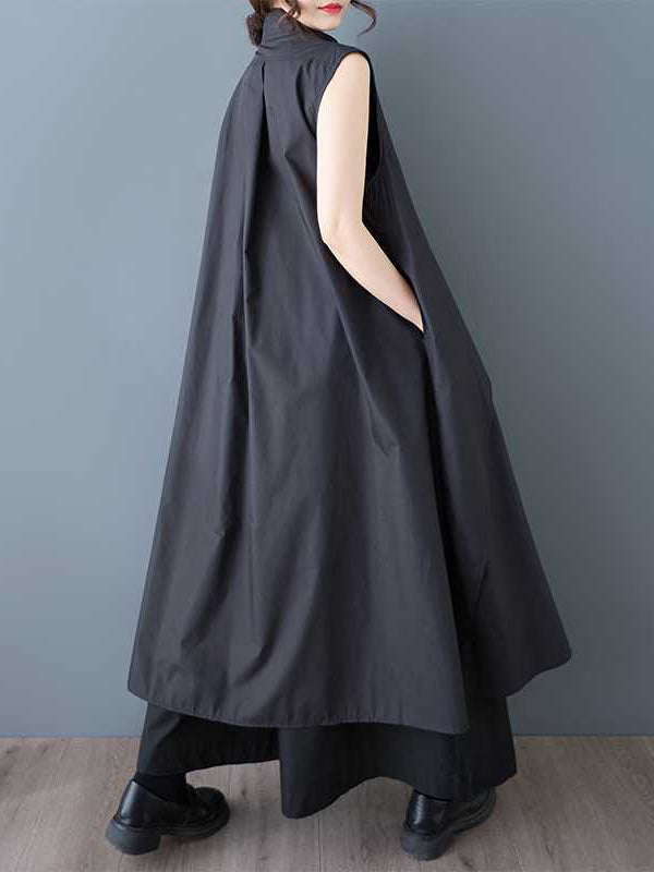 Pockets Solid Color Tied Zipper A-Line Loose V-Neck Shirt Dress Midi Dresses
