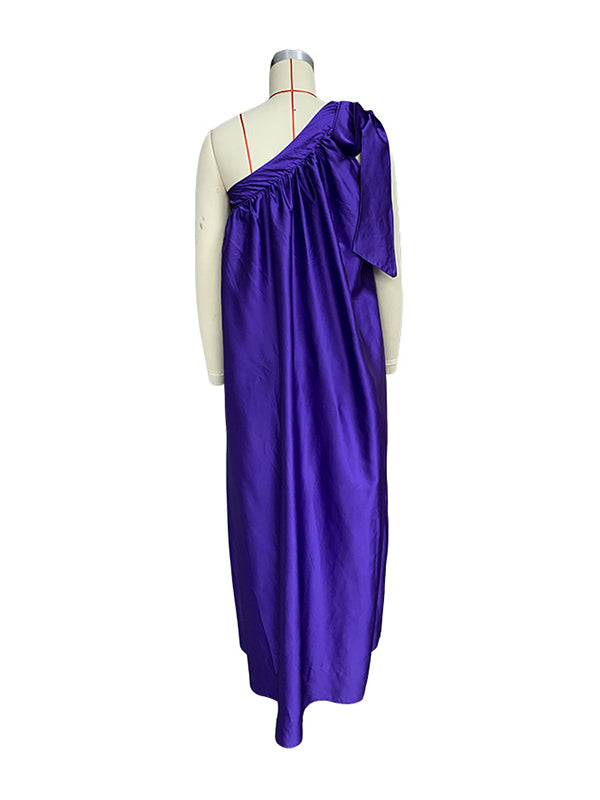 Asymmetric Pleated Solid Color Tied A-Line Loose One-Shoulder Maxi Dresses
