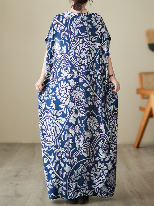 Printed Loose Short Sleeves V-Neck Maxi Dresses