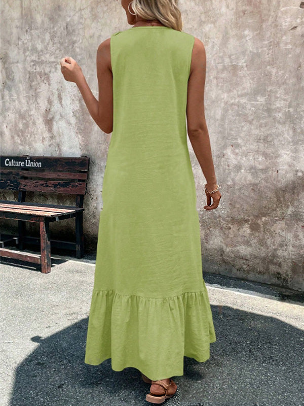 Pleated Ruffle Trim Solid Color A-Line Loose V-Neck Maxi Dresses