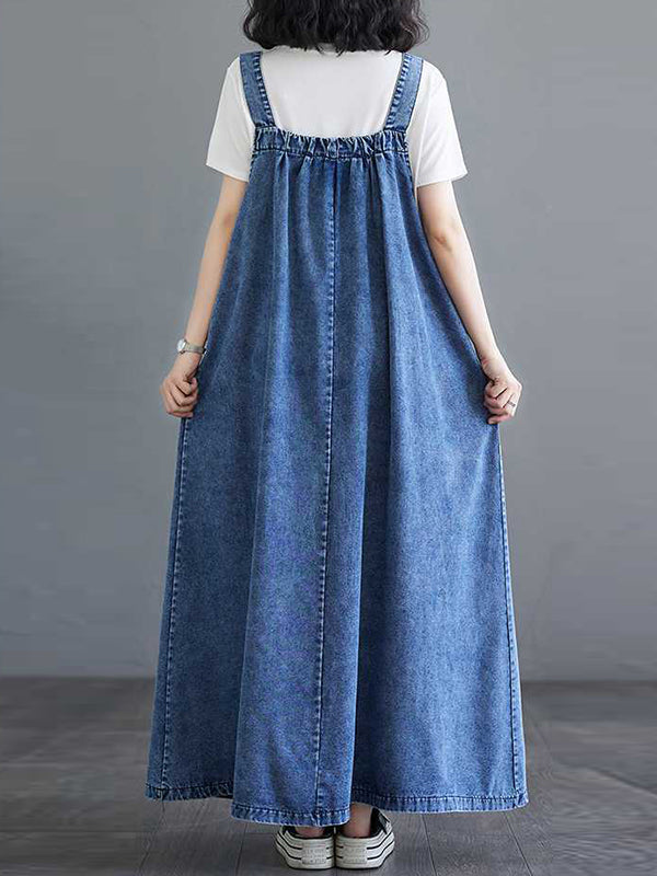 Pleated Pockets Split-Joint A-Line Loose Spaghetti-Neck Suspender Dress Maxi Dresses